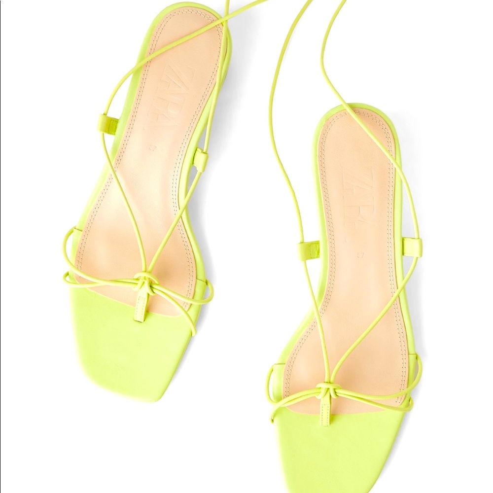 Zara Lime Green Heeled Leather Sandals with Thin Straps Wrap